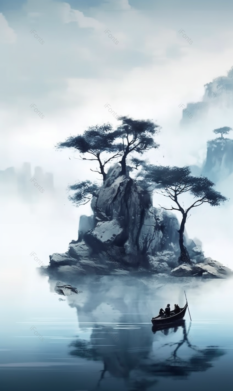 蓝色意境天空云层山峰树木小船水墨山水画,插画/手绘图,插画/手绘图库,插画/手绘图下载,插画/手绘